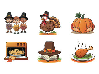 Thanksgiving icons children turkey pumpkin pie oven roasted chicken pilgrim hat book pilgrims