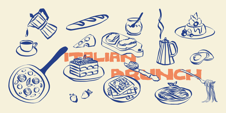 Whimsical italian food doodles. Quirky icons of brunch meals in simple crayon and sketch style. Trendy art for menus and dinner brunch invitations. La dolce vita vector illustration