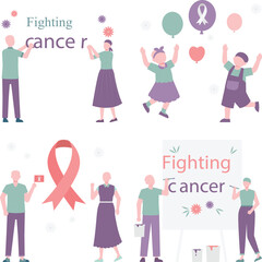 fighting cancer, people with cancer, cancer awareness, cancer ribbon, medical symbol, illustration, vector art, digital painting, pastel colors
