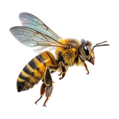 Detailed macro shot of a honey bee in flight isolated on transparent background.