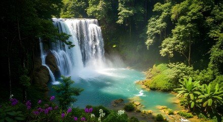 Fototapeta premium Crystal Clear Waterfall in Lush Tropical Forest