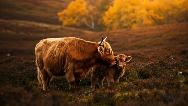 Highland Cow and Calf in Autumnal Landscape