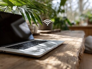 Laptop on wooden table, surrounded by plants, connected to wifi