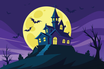 Spooky Haunted House on a Hill with Bats and Full Moon