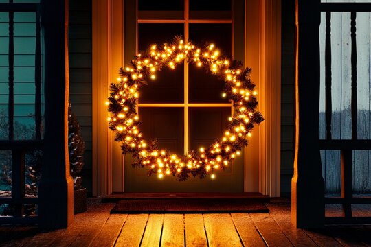 Twinkling fairy lights enhance a festive Christmas wreath on a cozy home entrance at night