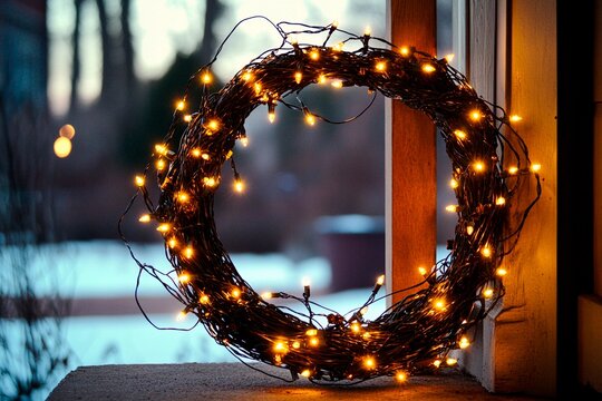Twinkling fairy lights enhance a festive Christmas wreath on a cozy home entrance at night