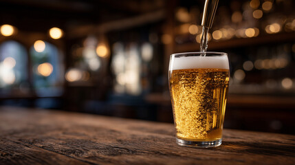 Amber beer flows smoothly from polished metal tap into clear pint glass, golden foam rising slowly, glass resting on rustic wooden bar illuminated by warm pub lighting