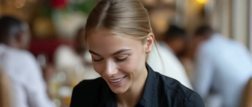 Woman smiling and conversing in a bustling cafe setting