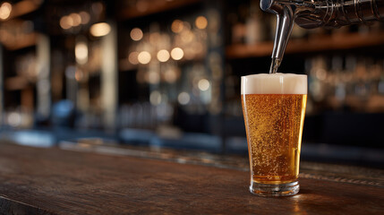 Close-up of fresh amber beer cascading into a glass from a shiny tap handle, bubbles fizzing energetically, bar counter with wood grain textures glowing softly in the background