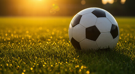 Soccer Ball on Grass at Sunrise