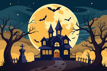 Fototapeta premium Spooky Haunted House with Bats and Full Moon for Halloween Night