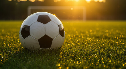 Soccer Ball on Grass at Sunrise