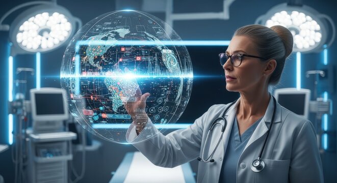 Medical professional uses digital globe technology in futuristic hospital setting