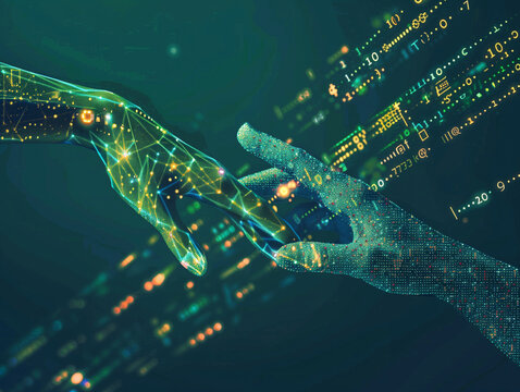 stylized hands made of code strings almost touching