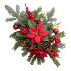 Festive christmas arrangement with poinsettias pinecones and berries isolated on transparent background.