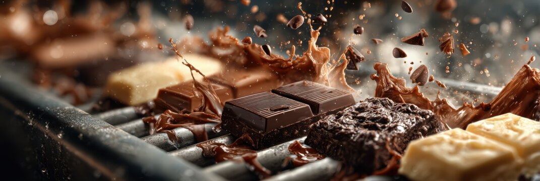 Chocolate varieties splash and melt in a delicious culinary creation from an artisan chocolatier's workshop