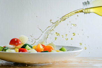 Splashing olive oil over fresh vegetable salad in white plate