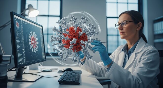 Researcher analyzes the viral structure of a pathogen on a computer screen