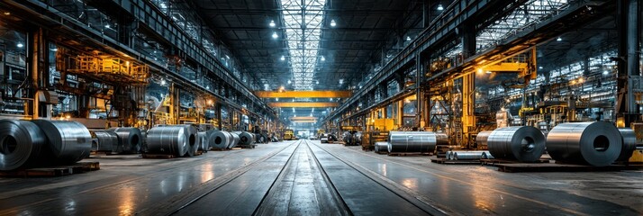 Industrial warehouse in operation with heavy machinery and raw materials during daylight hours