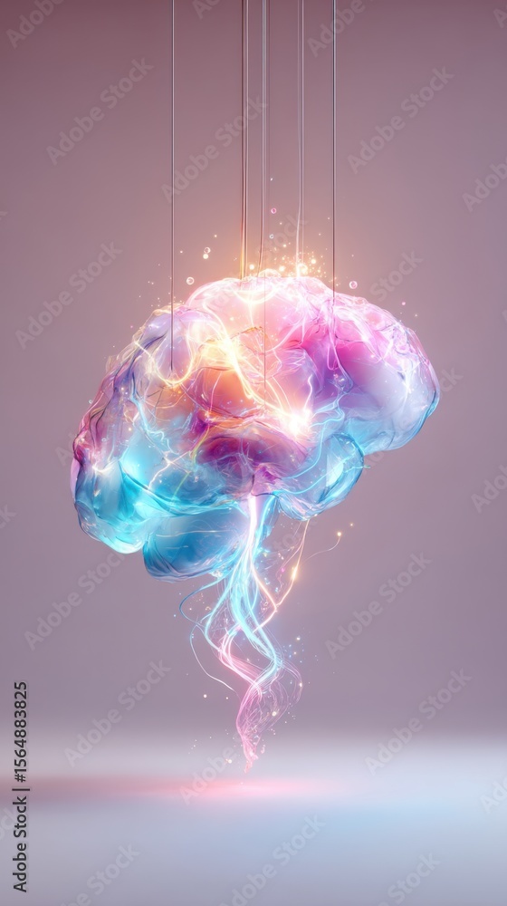 Poster abstract glowing brain with neural network on purple background represents artificial intelligence a