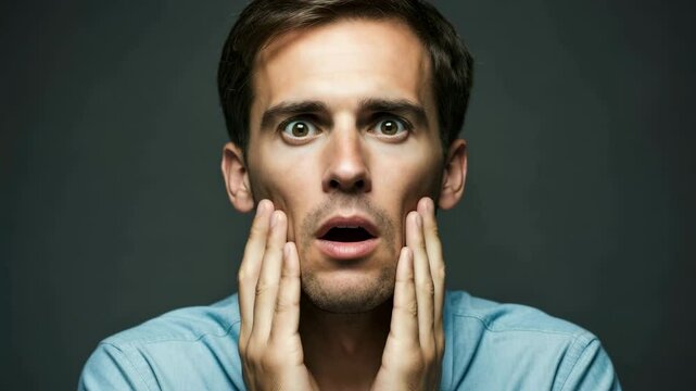 Surprised reaction progression: shocked facial expressions and hands on face