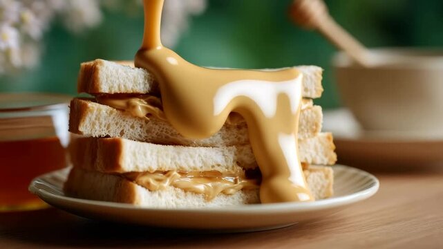 Smooth honey pouring over peanut butter sandwiches in cozy kitchen setting