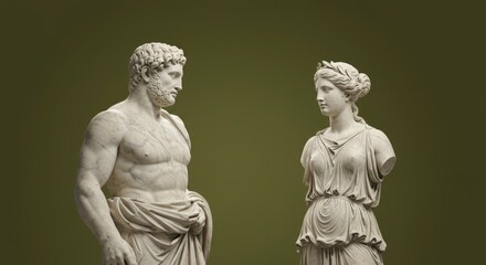 Naklejka premium Two greek white statues antique on green background