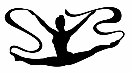 Fototapeta premium Silhouette of a gymnast performing a split with a ribbon held in each hand against a white background