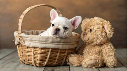 Adorable White French Bulldog Puppy Nestled in Wicker Basket Beside Furry Teddy Bear Friend Waiting for Playtime