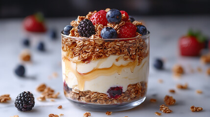 Delicious mixed berry yogurt parfait with granola and honey drizzle