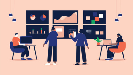 Obraz premium Three people working in an office with graphs and charts on the wall and hanging lights above them all