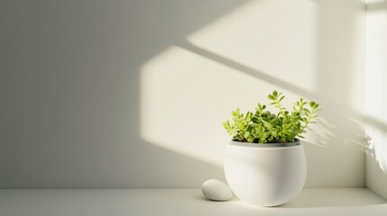 Potted green plant on white table with sunlight and shadows  