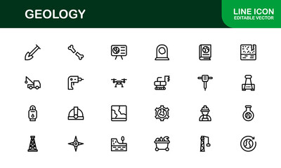 Geology, Unique Line Icon Collection. Creative, premium-quality outline icons featuring geological tools, stratigraphy, tectonic plates, and excavation symbols for scientific visuals.