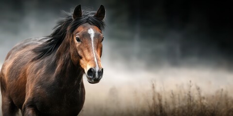 Obraz premium Majestic brown horse standing in a misty field during dawn in a serene natural setting