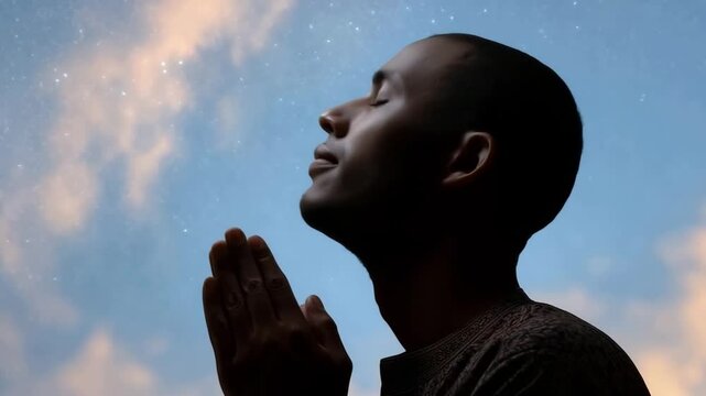 Serene sunset meditation with prayers under a starry sky