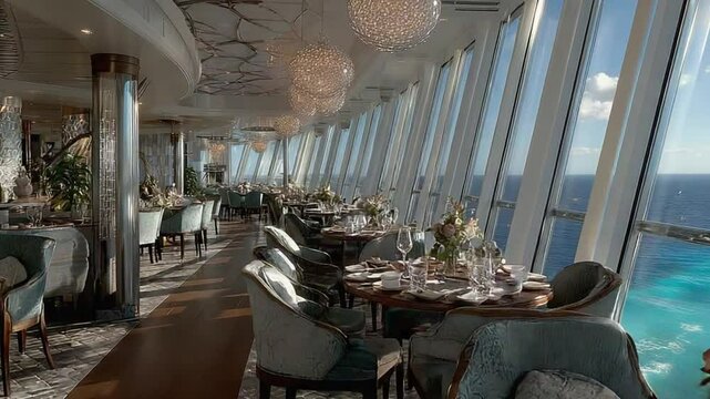 Elegant Ocean View Dining Experience on a Cruise Ship with Beautiful Interior Design