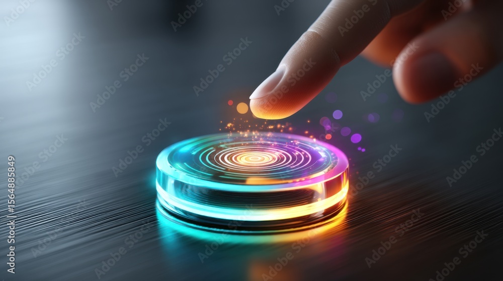 Poster finger touching holographic button with neon glow effects representing future technology and innovat