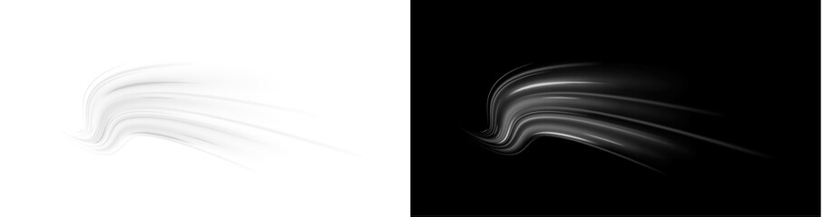 White neon motion with car speed streak and vector glow, road transport design in dark city...