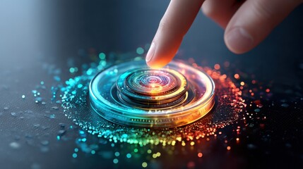 Finger Pressing Lit Circular Button on Shiny Dark Surface with Blue and Orange Lights Emanating Underneath Technology Concept