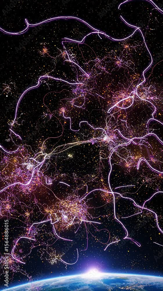 Poster abstract cosmic network of glowing threads above earth in space