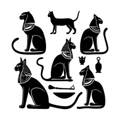 Egyptian Cat Black Silhouette Set Clipart on White Background