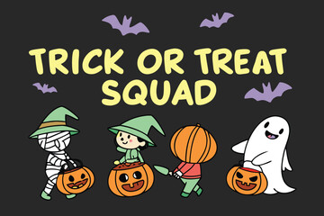Cute Halloween Characters Trick or Treat Squad Illustration on Dark Background