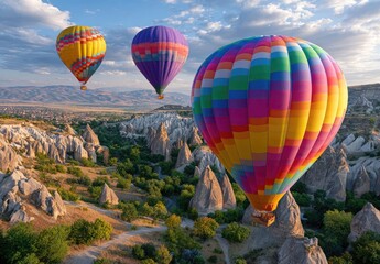 Naklejka premium A panoramic view of the hot air balloons over Cappadocia's unique rock formations, creating an enchanting and colorful scene in the Turkish landscape