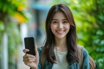 Young Asian female showing a screen on her mobile phone with a thumbs-up for approval, Generative AI