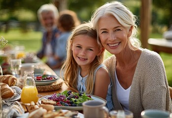 An elderly woman is having lunch with her family in the backyard, enjoying healthy food and smiling while sitting on a wooden bench in the park on a sunny day.