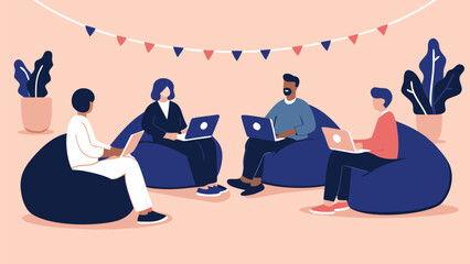Four people working on laptops sitting in beanbag chairs at a casual office gathering illustration
