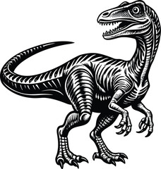 Vintage Style Dinosaur Illustration  A Striking Black and White Raptor Design