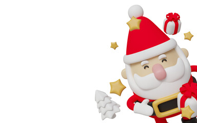 3D illustration of Santa Claus in cartoon style, wearing red hat. Ideal for New Year and Christmas design projects, social media posts, and print materials.