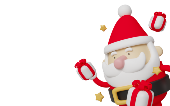 3D illustration of Santa Claus in cartoon style, wearing red hat. Ideal for New Year and Christmas design projects, social media posts, and print materials.