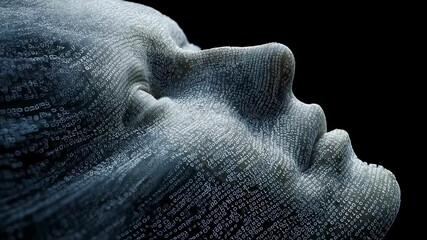Human face emerging from a flowing stream of binary code, representing the concepts of artificial intelligence, consciousness, and the vastness of big data in the digital age - Powered by Adobe